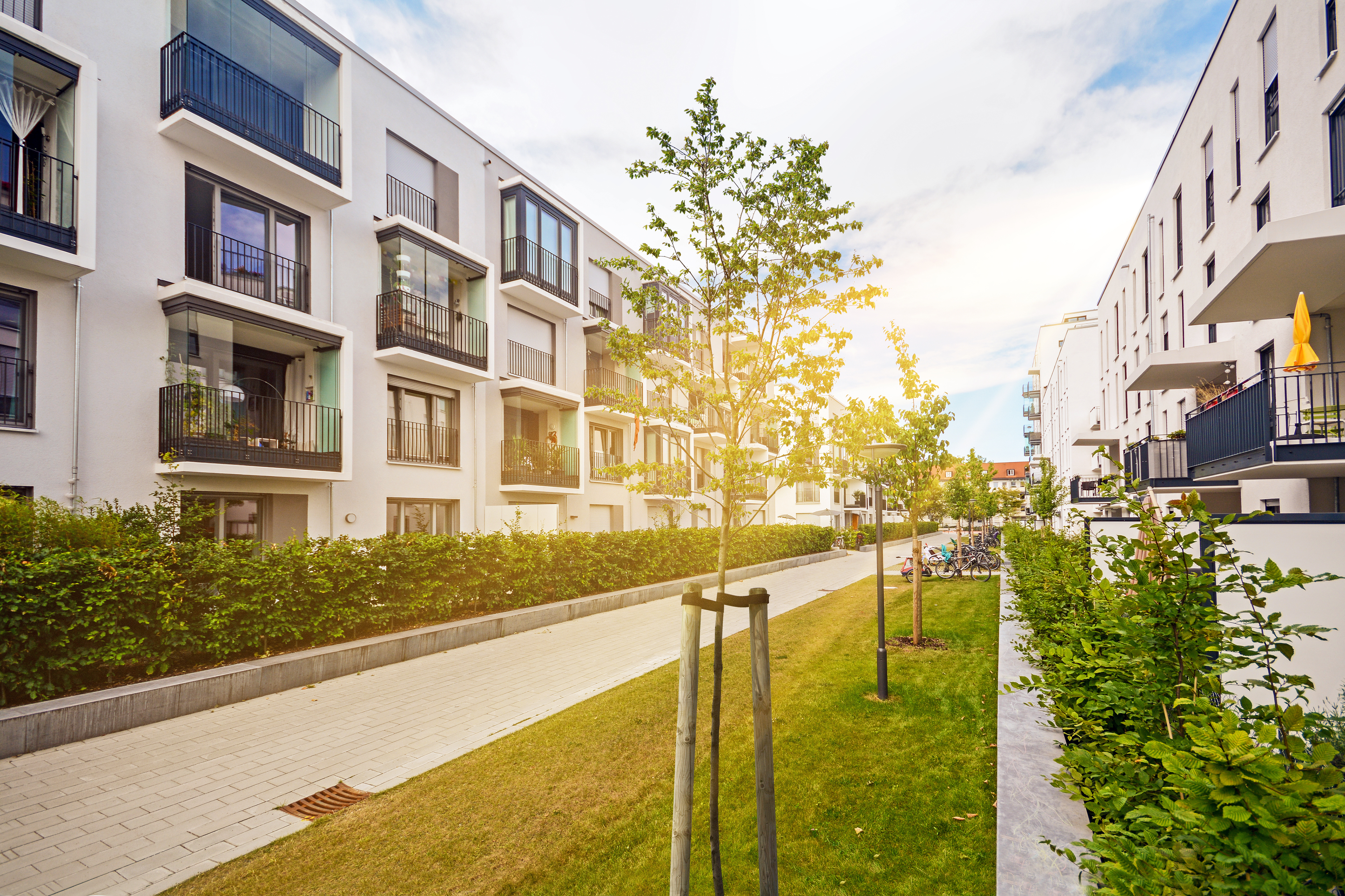 Lägenhetsbyggnader med träd och gräsmatta - ett typsitk fall av innergårdsrenovering i Uppsala