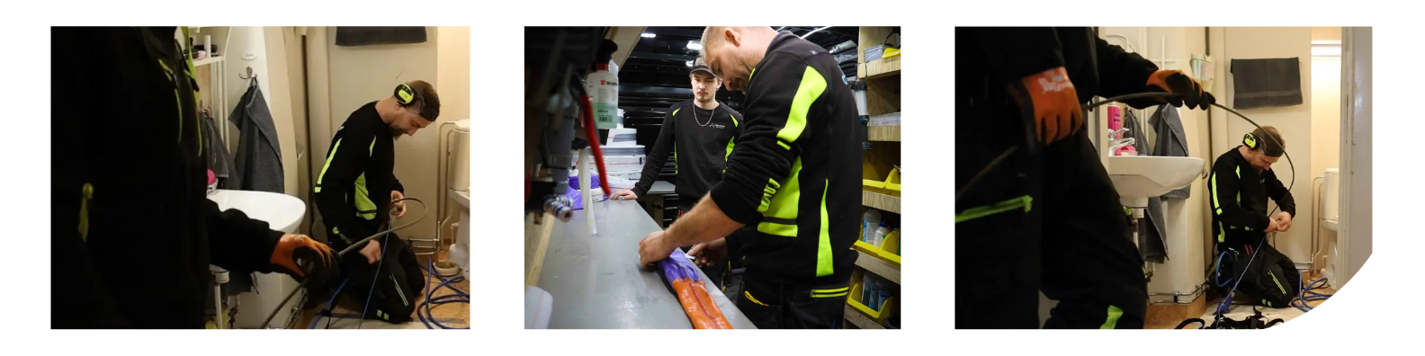 3 bilder som visar arbetet med relining och spolning